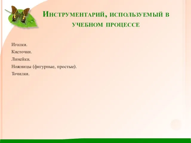 Инструментарий, используемый в учебном процессе Иголки. Кисточки. Линейки. Ножницы (фигурные, простые). Точилки.