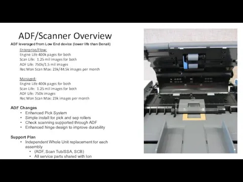 ADF/Scanner Overview ADF leveraged from Low End device (lower life than