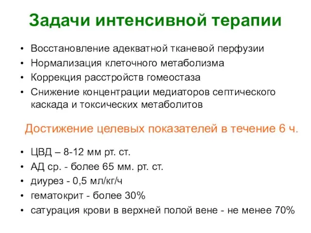 Задачи интенсивной терапии Восстановление адекватной тканевой перфузии Нормализация клеточного метаболизма Коррекция