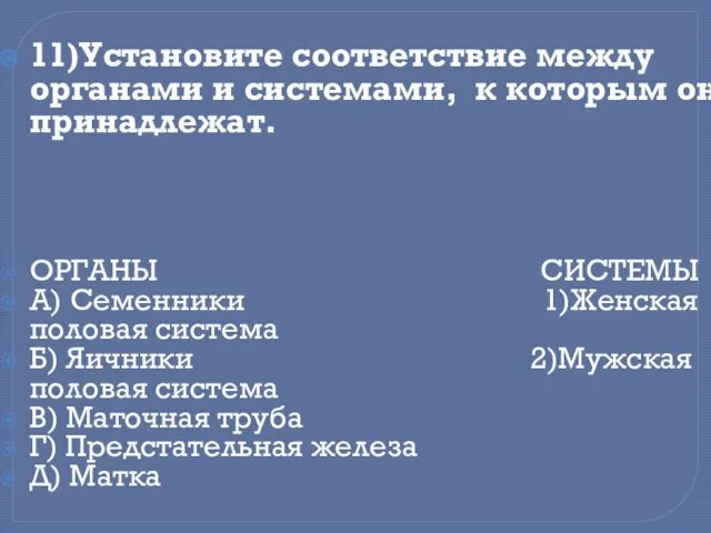 11)Установите соответствие между органами и системами, к которым они принадлежат. ОРГАНЫ