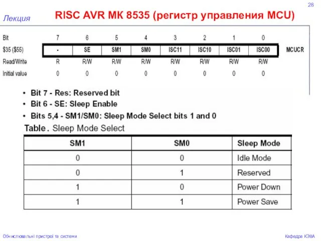28 RISC AVR МК 8535 (регистр управления МСU) Лекция Обчислювальні пристрої та системи Кафедра КЭВА
