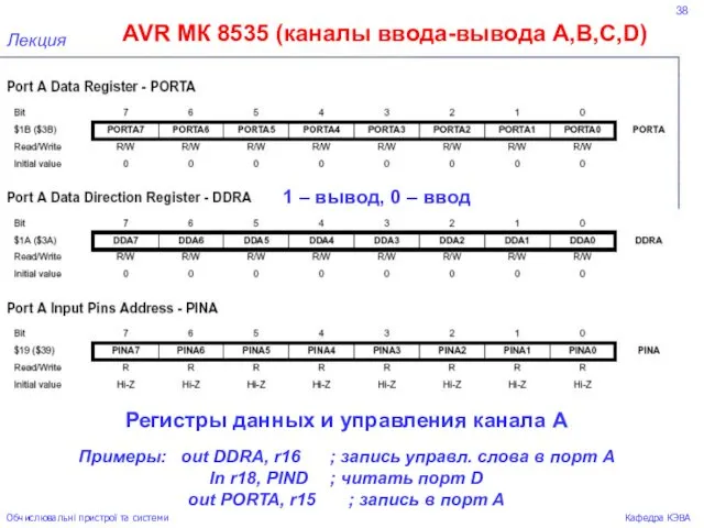 38 AVR МК 8535 (каналы ввода-вывода А,В,С,D) Лекция Обчислювальні пристрої та