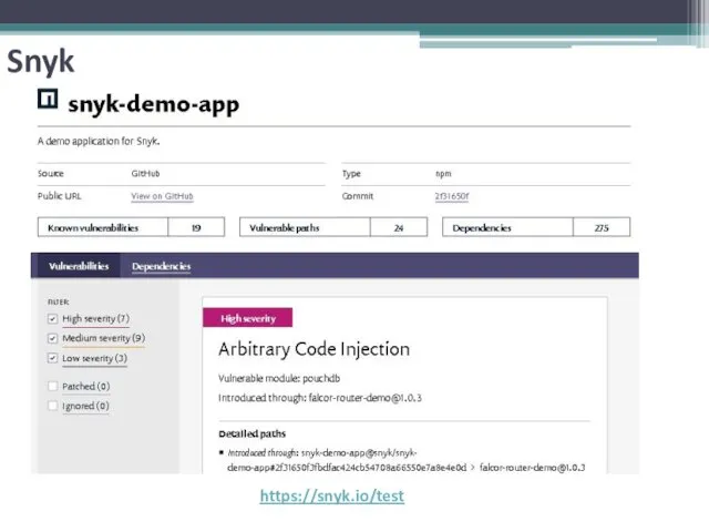 Snyk https://snyk.io/test