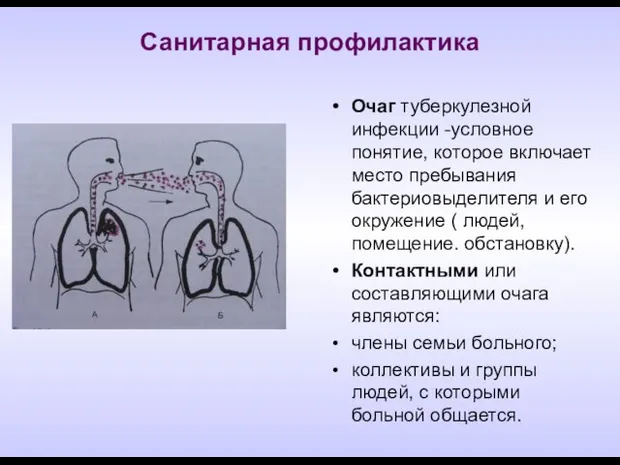 Санитарная профилактика Очаг туберкулезной инфекции -условное понятие, которое включает место пребывания