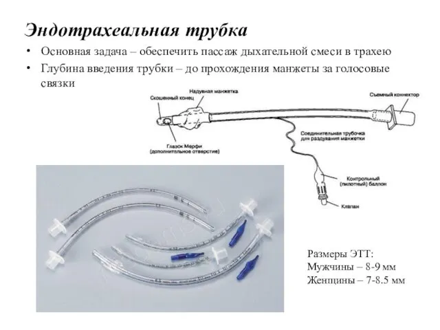 Эндотрахеальная трубка Основная задача – обеспечить пассаж дыхательной смеси в трахею