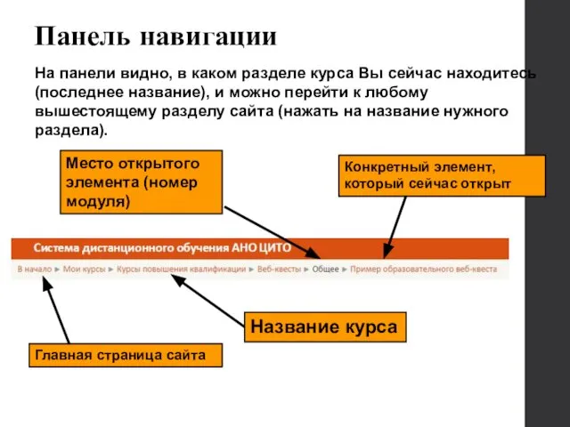 Панель навигации Название курса Главная страница сайта Конкретный элемент, который сейчас