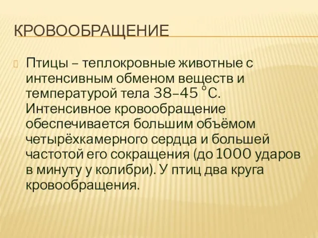 КРОВООБРАЩЕНИЕ Птицы – теплокровные животные с интенсивным обменом веществ и температурой