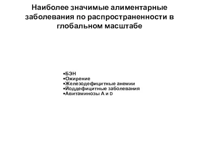 Наиболее значимые алиментарные заболевания по распространенности в глобальном масштабе БЭН Ожирение