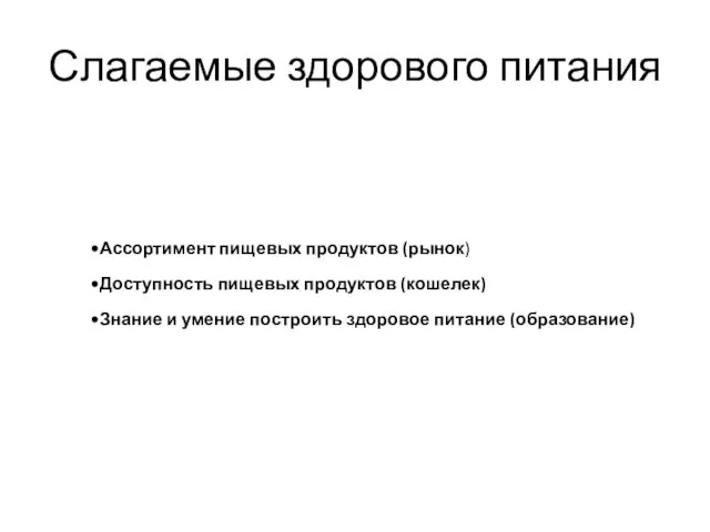 Слагаемые здорового питания Ассортимент пищевых продуктов (рынок) Доступность пищевых продуктов (кошелек)