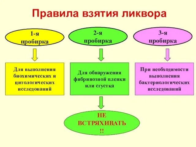 Правила взятия ликвора 1-я пробирка 2-я пробирка 3-я пробирка Для выполнения