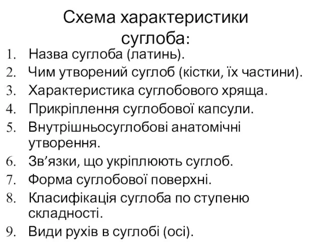 Схема характеристики суглоба: Назва суглоба (латинь). Чим утворений суглоб (кістки, їх