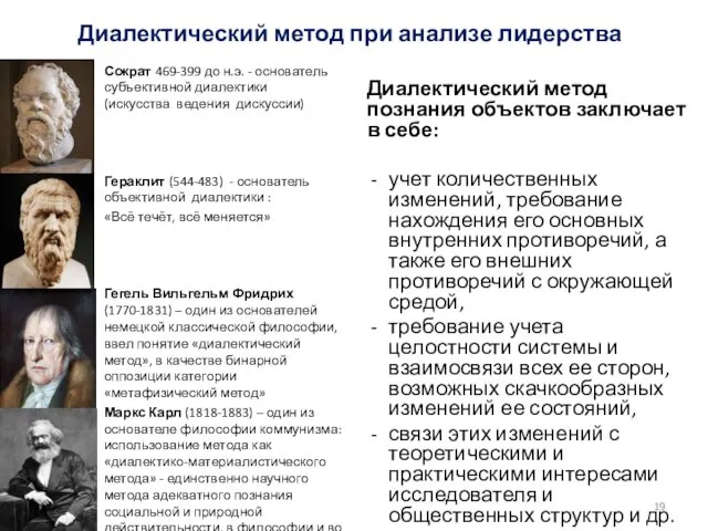 Диалектический метод при анализе лидерства Сократ 469-399 до н.э. - основатель