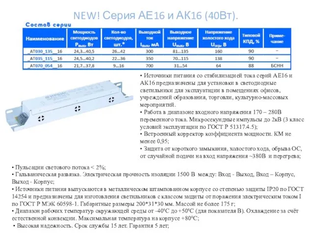 NEW! Серия АЕ16 и АК16 (40Вт). • Источники питания со стабилизацией