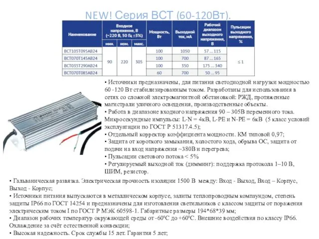 NEW! Серия ВСТ (60-120Вт). • Источники предназначены, для питания светодиодной нагрузки