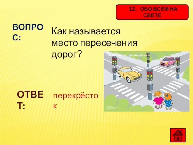 12. ОБО ВСЁМ НА СВЕТЕ ВОПРОС: Как называется место пересечения дорог? ОТВЕТ: перекрёсток