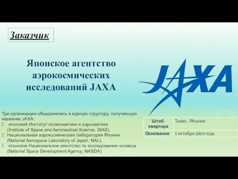 Заказчик Японское агентство аэрокосмических исследований JAXA Три организации объединились в единую
