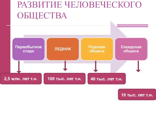 РАЗВИТИЕ ЧЕЛОВЕЧЕСКОГО ОБЩЕСТВА 2,5 млн. лет т.н. 100 тыс. лет т.н.