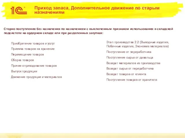 Приход запаса, Дополнительное движение по старым назначениям Сторно поступления без назначения