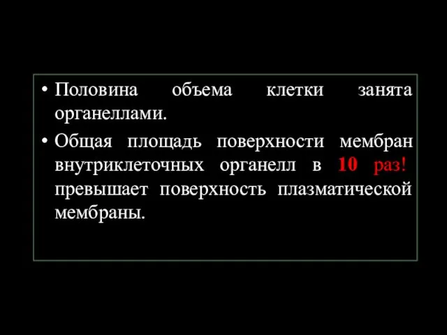 Половина объема клетки занята органеллами. Общая площадь поверхности мембран внутриклеточных органелл