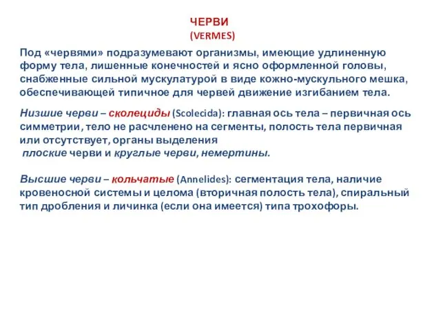 ЧЕРВИ (VERMES) Под «червями» подразумевают организмы, имеющие удлиненную форму тела, лишенные