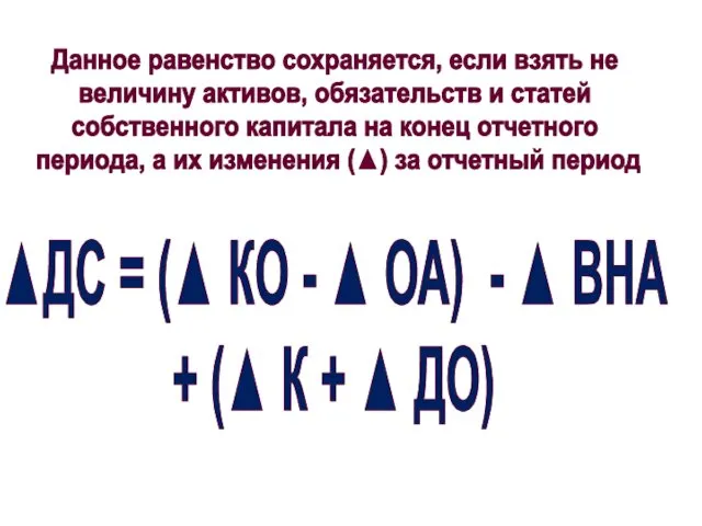 Данное равенство сохраняется, если взять не величину активов, обязательств и статей