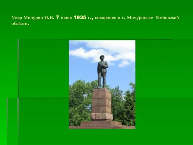 Умер Мичурин И.В. 7 июня 1935 г., похоронен в г. Мичуринске Тамбовской области.