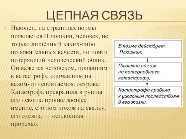 ЦЕПНАЯ СВЯЗЬ Наконец, на страницах поэмы появляется Плюшкин, человек, не только