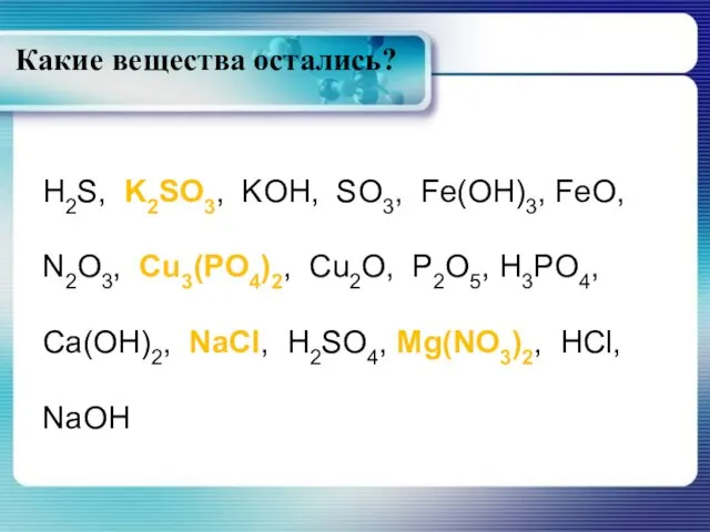 H2S, K2SO3, KOH, SO3, Fe(OH)3, FeO, N2O3, Cu3(PO4)2, Cu2O, P2O5, H3PO4,