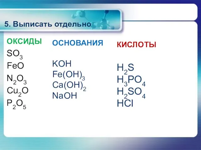 ОКСИДЫ SO3 FeO N2O3 Cu2O P2O5 ОСНОВАНИЯ KOH Fe(OH)3 Ca(OH)2 NaOH