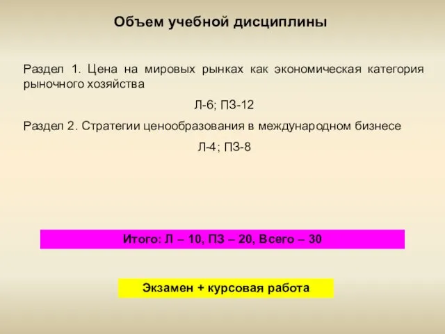 Объем учебной дисциплины Раздел 1. Цена на мировых рынках как экономическая