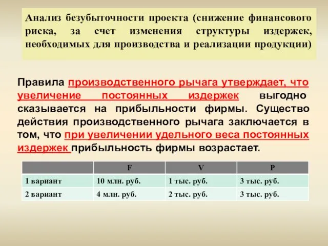 Правила производственного рычага утверждает, что увеличение постоянных издержек выгодно сказывается на