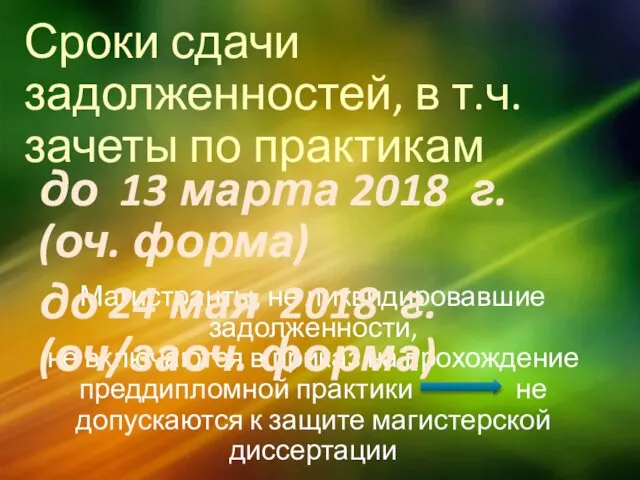 Сроки сдачи задолженностей, в т.ч. зачеты по практикам Магистранты, не ликвидировавшие