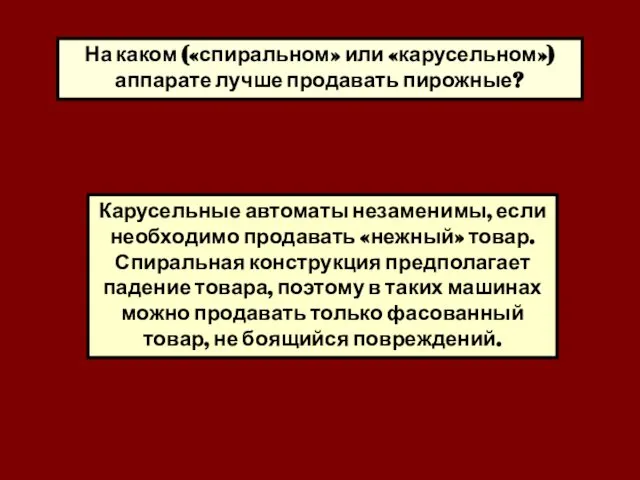 На каком («спиральном» или «карусельном») аппарате лучше продавать пирожные? Карусельные автоматы