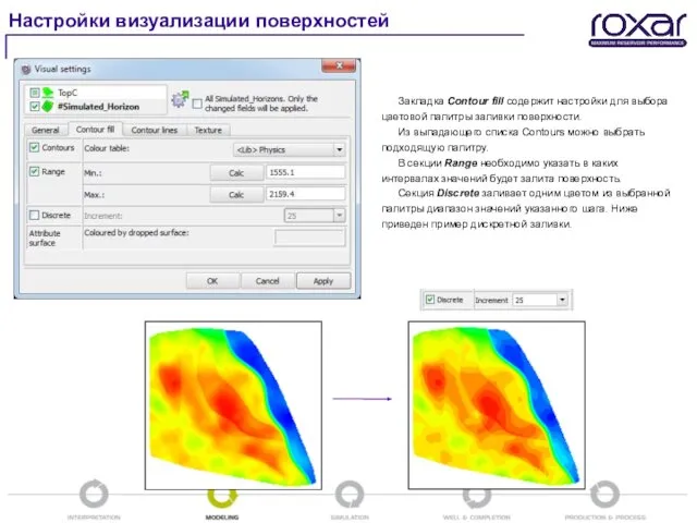 Настройки визуализации поверхностей Закладка Contour fill содержит настройки для выбора цветовой