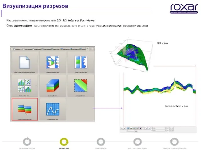 Визуализация разрезов Разрезы можно визуализировать в 3D, 2D, Intersection views. Окно