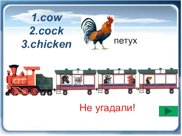 Не угадали! петух 1.cow 2.cock 3.chicken