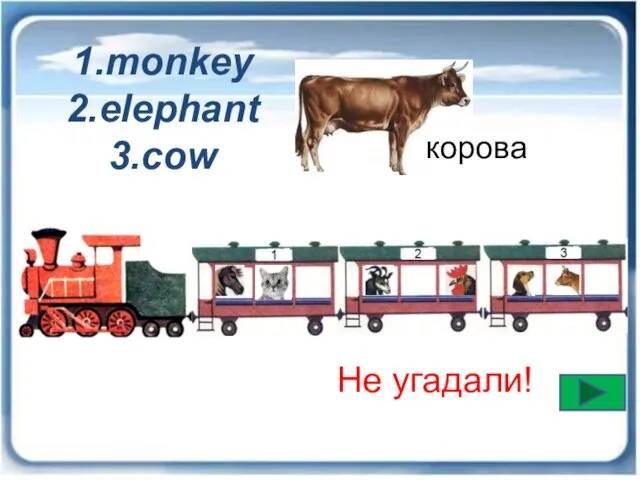 Не угадали! корова 1.monkey 2.elephant 3.cow