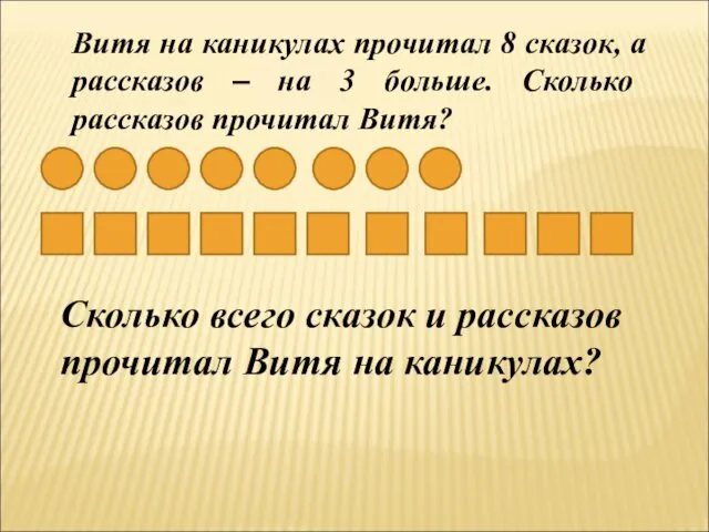 Витя на каникулах прочитал 8 сказок, а рассказов – на 3