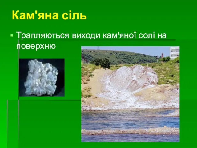 Кам'яна сіль Трапляються виходи кам'яної солі на поверхню