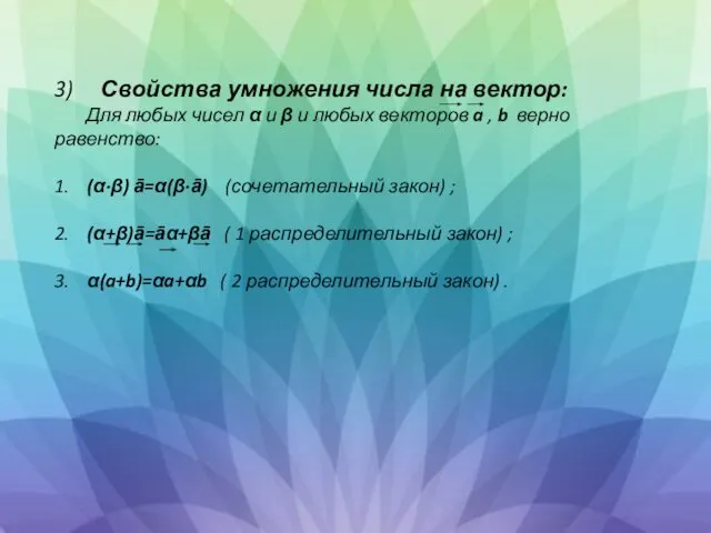 3) Свойства умножения числа на вектор: Для любых чисел α и