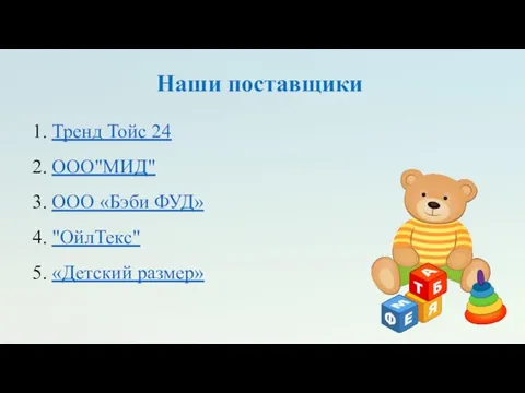 Наши поставщики Тренд Тойс 24 ООО"МИД" ООО «Бэби ФУД» "ОйлТекс" «Детский размер»