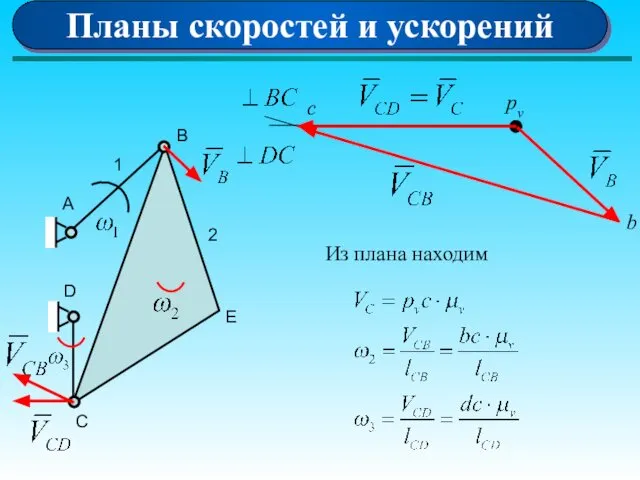 Планы скоростей и ускорений А 1 D B E C 2 Из плана находим