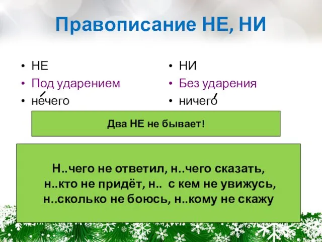 Правописание НЕ, НИ НЕ Под ударением нечего НИ Без ударения ничего