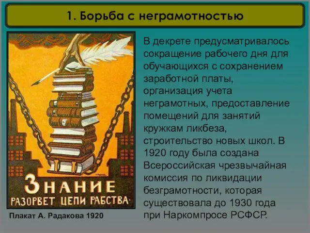 Плакат А. Радакова 1920 В декрете предусматривалось сокращение рабочего дня для