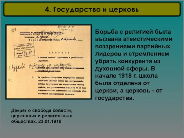 Декрет о свободе совести, церковных и религиозных обществах. 23.01.1918 Борьба с