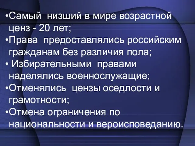 Самый низший в мире возрастной ценз - 20 лет; Права предоставлялись