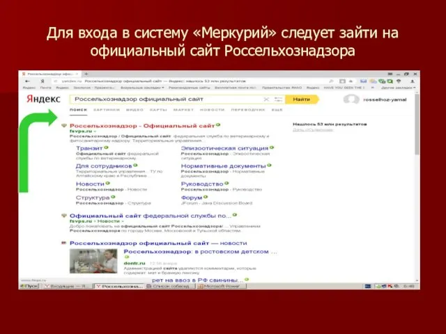 Для входа в систему «Меркурий» следует зайти на официальный сайт Россельхознадзора