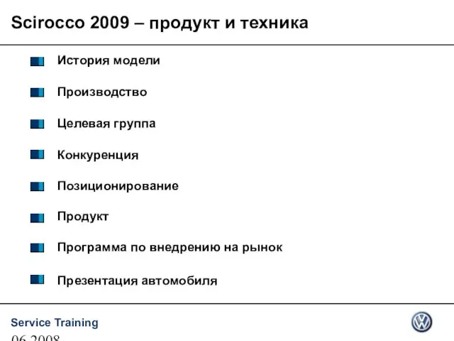 06.2008 Scirocco 2009 – продукт и техника История модели Производство Целевая