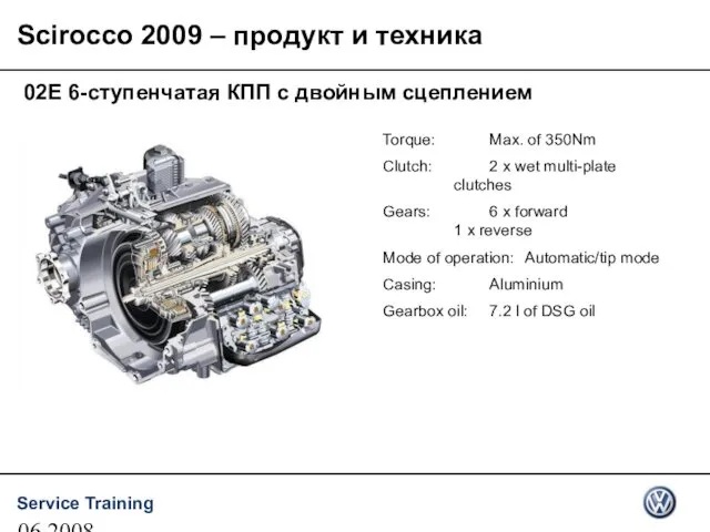 06.2008 02E 6-ступенчатая КПП с двойным сцеплением Torque: Max. of 350Nm