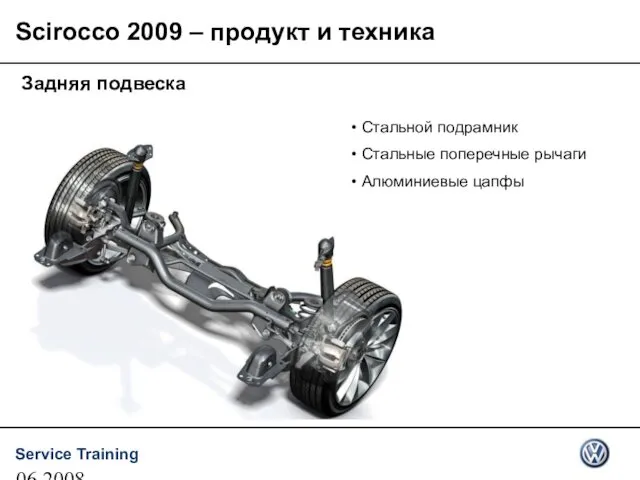 06.2008 Задняя подвеска Стальной подрамник Стальные поперечные рычаги Алюминиевые цапфы Scirocco 2009 – продукт и техника